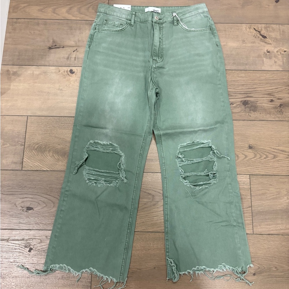 Vervet Leslie 90s Crop Flare Distressed Green Women's Denim Jeans | Size 30
